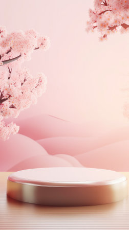 Empty podium, natural mock up display, cosmetic product fashion ads stand on minimal sakura blossom flowers background. Spring vertical pedestal nature mockup scene platform ai generative.の素材