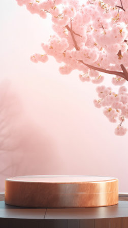 Empty podium, natural mock up display, cosmetic product fashion ads stand on minimal sakura blossom flowers background. Spring vertical pedestal nature mockup scene platform ai generative.の素材