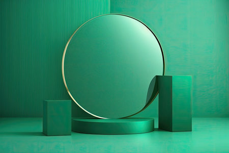 Empty podium, mock up placement display, blank beauty stand for cosmetic product fashion ads on minimal green background. Luxury pedestal stage mockup scene platform ai generative concept.の素材