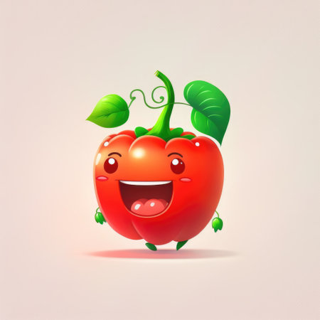 Happy smiling kawaii red tomato or pepper cartoon character, funny cute vegetable sticker color personage icon isolated on white background, healthy organic diet food concept. AI generative.の素材