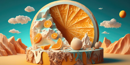 Surrealistic round podium made of rock stone with juicy oranges on blue sky and sandy desert background, surreal pedestal display stand pedestal stage mockup showcase scene platform ai generative.の素材