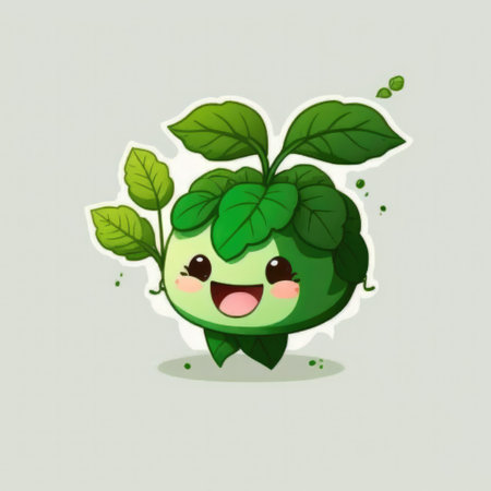 Happy smiling kawaii green cabbage kohlrabi plant cartoon character, funny cute vegetable sticker color personage icon isolated on white background, healthy organic vegan diet food. AI generative.の素材
