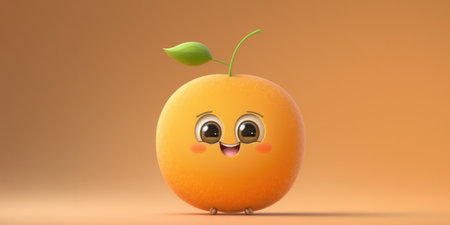 Happy smiling orange or peach apricot cartoon character, funny cute fruit sticker color personage icon isolated on yellow background, healthy organic vegan diet food. AI generative.の素材