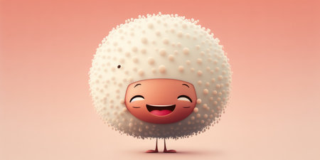 Happy smiling lychee face cartoon character, funny cute fruit sticker color personage icon isolated on pink background, healthy organic vegan diet food. AI generative.の素材