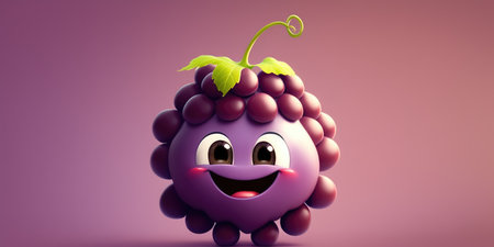Happy smiling cartoon purple grape face character, funny cute fruit berry sticker color personage icon isolated on violet background, healthy organic vegan diet food. AI generative.の素材
