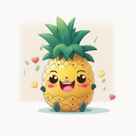 Happy smiling kawaii pineapple cartoon character, funny cute tropical exotic fruit sticker color personage icon isolated on white background, healthy organic diet food concept. AI generative.の素材