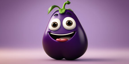 Happy smiling cartoon purple eggplant face character, funny cute vegetable sticker color personage icon isolated on violet background, healthy organic vegan diet food. AI generative.の素材