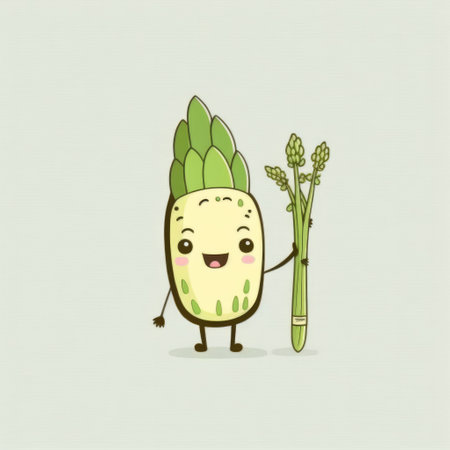 Happy smiling kawaii green asparagus cartoon character, funny cute vegetable sticker color personage icon isolated on white background, healthy organic vegan diet food concept. AI generative.の素材