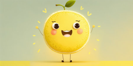 Happy smiling cartoon yellow juicy lemon face character, funny cute fruit sticker color personage icon on background, healthy organic vegan diet vitamin food. AI generative.の素材