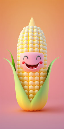 Happy smiling cartoon corn face character, funny cute vegetable sticker color personage icon isolated on pink background, healthy organic vegan diet food. AI generative.の素材