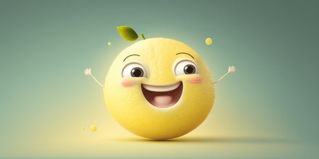 Happy smiling cartoon yellow juicy lemon face character, funny cute fruit sticker color personage icon on green background, healthy organic vegan diet vitamin food. AI generative.の素材