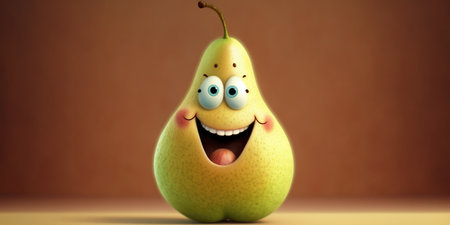Happy smiling yellow pear face cartoon character, funny cute fruit sticker color personage icon isolated on brown background, healthy organic vegan diet food. AI generative.の素材
