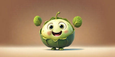 Happy smiling green cabbage face cartoon character, funny cute vegetable sticker color personage icon isolated on brown background, healthy organic vegan diet food. AI generative.の素材