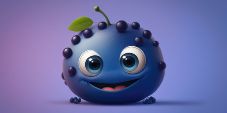 Happy smiling blue blueberry face cartoon character, funny cute berry fruit sticker color personage icon isolated on purple background, healthy organic vegan diet food. AI generative.の素材