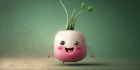 Happy smiling pink radish face cartoon character, funny cute vegetable sticker color personage icon isolated on green background, healthy organic vegan diet food. AI generative.の素材