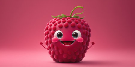 Happy smiling pink raspberry face cartoon character, funny cute fruit berry color personage icon isolated on pink bright background, healthy organic vegan diet summer food. AI generative.の素材