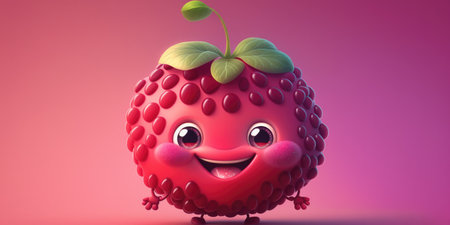 Happy smiling pink raspberry face cartoon character, funny cute fruit berry color personage icon isolated on pink bright background, healthy organic vegan diet summer food. AI generative.の素材
