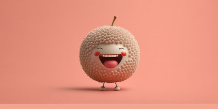 Happy smiling white lychee face cartoon character, funny cute fruit sticker color personage icon isolated on pink background, healthy organic vegan diet food. AI generative.の素材