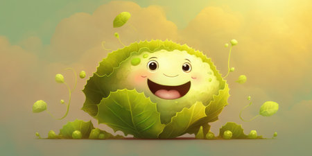 Happy smiling green cabbage face cartoon character, funny cute vegetable sticker color personage icon isolated on green background, healthy organic vegan diet food. AI generative.の素材