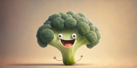 Happy smiling cartoon green broccoli laughing face character, funny cute vegetable sticker color personage icon on brown background, healthy organic vegan diet food. AI generative.の素材