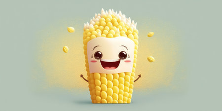 Happy smiling yellow corn popcorn face cartoon character, funny cute vegetable sticker color personage icon isolated on pastel background, healthy organic vegan diet food. AI generative.の素材