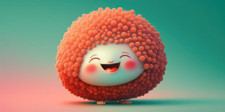 Happy smiling pink lychee face cartoon character, funny cute fruit sticker color personage icon isolated on green background, healthy organic vegan diet food. AI generative.の素材