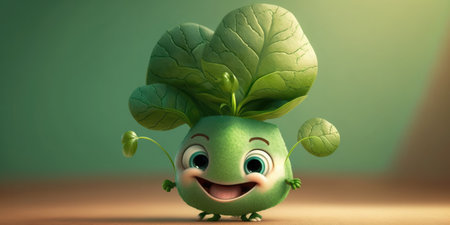 Happy smiling green cabbage leaves cartoon character, funny cute vegetable sticker color personage icon isolated on green background, healthy organic vegan diet food. AI generative.の素材