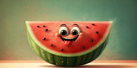 Happy smiling green red watermelon piece face cartoon character, funny cute summer fruit color personage icon isolated on green table background, healthy organic vegan diet food. AI generative.の素材