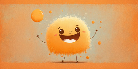 Happy smiling fluffy yellow ball with a face and a smiley face cartoon character, funny cute color personage icon on orange background. AI generative.の素材