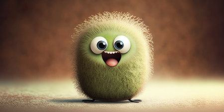 Happy smiling cartoon green kiwi face character, funny cute fruit sticker color personage icon isolated on brown background, healthy organic vegan diet food. AI generative.の素材