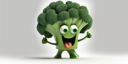 Happy smiling crazy green broccoli cartoon face character, funny cute vegetable sticker color personage icon isolated on grey background, healthy organic vegan diet food. AI generative.の素材