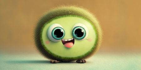 Happy smiling cartoon green kiwi face character, funny cute fruit sticker color personage icon isolated on brown background, healthy organic vegan diet food. AI generative.の素材