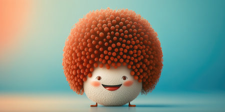 Happy smiling lychee face cartoon character, funny cute fruit sticker color personage icon isolated on blue background, healthy organic vegan diet food. AI generative.の素材