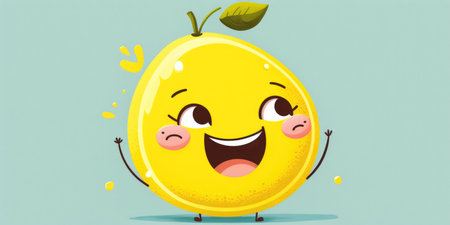 Happy smiling cartoon yellow juicy lemon face character, funny cute fruit sticker color personage icon on blue background, healthy organic vegan diet vitamin food. AI generative.の素材