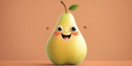 Happy smiling yellow pear face cartoon character, funny cute fruit sticker color personage icon isolated on orange background, healthy organic vegan diet food. AI generative.の素材