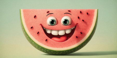 Happy smiling green red watermelon piece face cartoon character, funny cute summer fruit color personage icon isolated on green background, healthy organic vegan diet food. AI generative.の素材