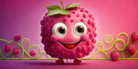 Happy smiling pink raspberry face cartoon character, funny cute fruit berry color personage icon isolated on pink bright background, healthy organic vegan diet summer food. AI generative.の素材