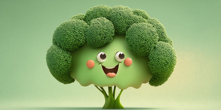 Happy smiling cartoon green broccoli laughing face character, funny cute vegetable sticker color personage icon on green background, healthy organic vegan diet food. AI generative.の素材