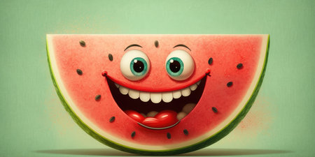 Happy smiling green red watermelon piece face cartoon character, funny cute summer fruit color personage icon isolated on green background, healthy organic vegan diet food. AI generative.の素材