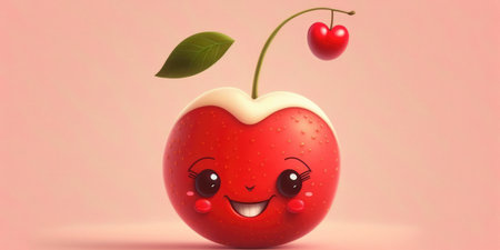 Happy smiling red cherry face cartoon character, funny cute fruit sticker color personage icon isolated on pink background, healthy organic vegan diet food. AI generative.の素材