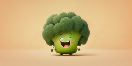 Happy smiling cartoon green broccoli laughing face character, funny cute vegetable sticker color personage icon on yellow background, healthy organic vegan diet food. AI generative.の素材