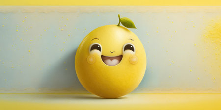 Happy smiling cartoon yellow juicy lemon face character, funny cute fruit sticker color personage icon on background, healthy organic vegan diet vitamin food. AI generative.の素材