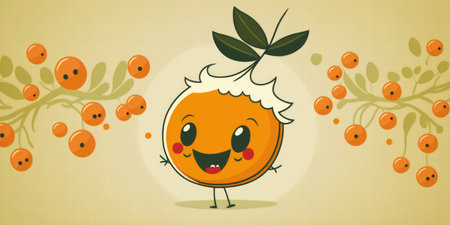 Happy smiling orange face cartoon character, funny cute fruit sticker color personage icon isolated on yellow background, healthy organic vegan diet food. AI generative.の素材