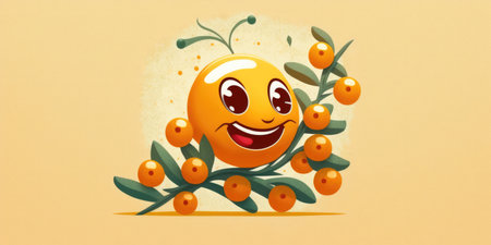 Happy smiling orange face cartoon character, funny cute fruit sticker color personage icon isolated on orange background, healthy organic vegan diet food. AI generative.の素材
