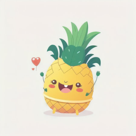 Happy smiling kawaii pineapple cartoon character, funny cute tropical exotic fruit sticker color personage icon isolated on white background, healthy organic diet food concept. AI generative.の素材