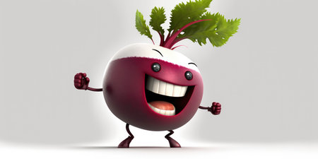 Happy smiling cartoon red beet radish face character, funny cute vegetable sticker color personage icon isolated on white background, healthy organic vegan diet food. AI generative.の写真素材