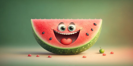 Happy smiling green red watermelon piece face cartoon character, funny cute summer fruit color personage icon isolated on green table background, healthy organic vegan diet food. AI generative.の素材