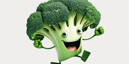 Happy smiling crazy green broccoli cartoon face character, funny cute vegetable sticker color personage icon isolated on white background, healthy organic vegan diet food. AI generative.の写真素材