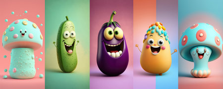 Happy smiling cartoon characters package set, funny cute vegetables mix stickers personages icons trendy pack collection on color background, healthy organic diet food concept. AI generative.の素材