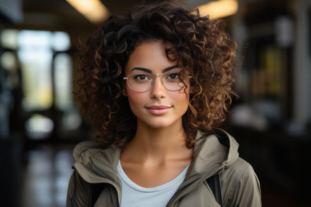 Young adult stylish confident attractive smiling African American woman, beautiful lady pretty model with curly hair wearing eyeglasses looking at camera standing indoors, close up face portrait.の素材